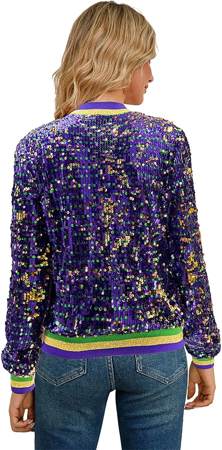 Sequin Bomber Jacket for Women Casual Long Sleeve Zip Up Cardigan Top Shiny Sparkle Mardi Gras Party Festival Outfits