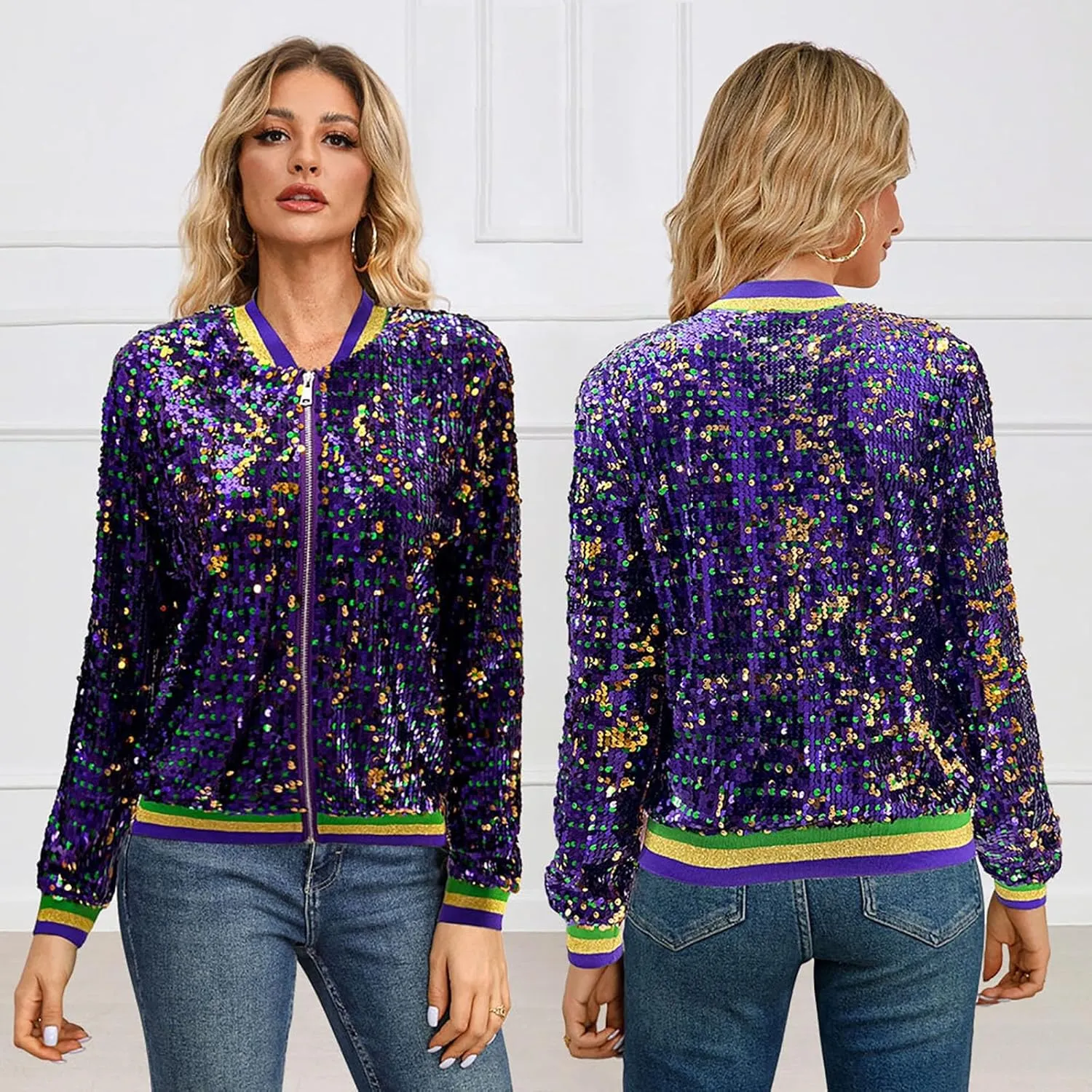 Sequin Bomber Jacket for Women Casual Long Sleeve Zip Up Cardigan Top Shiny Sparkle Mardi Gras Party Festival Outfits