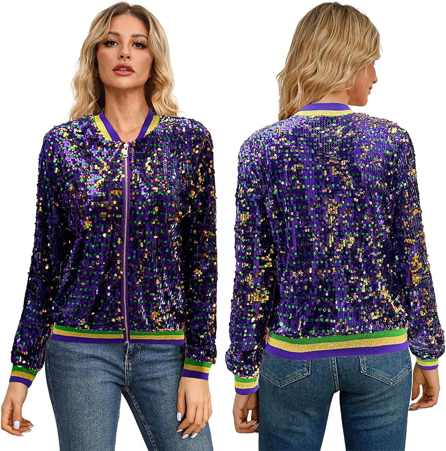 Sequin Bomber Jacket for Women Casual Long Sleeve Zip Up Cardigan Top Shiny Sparkle Mardi Gras Party Festival Outfits