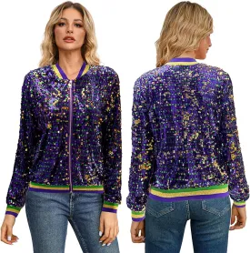Sequin Bomber Jacket for Women Casual Long Sleeve Zip Up Cardigan Top Shiny Sparkle Mardi Gras Party Festival Outfits