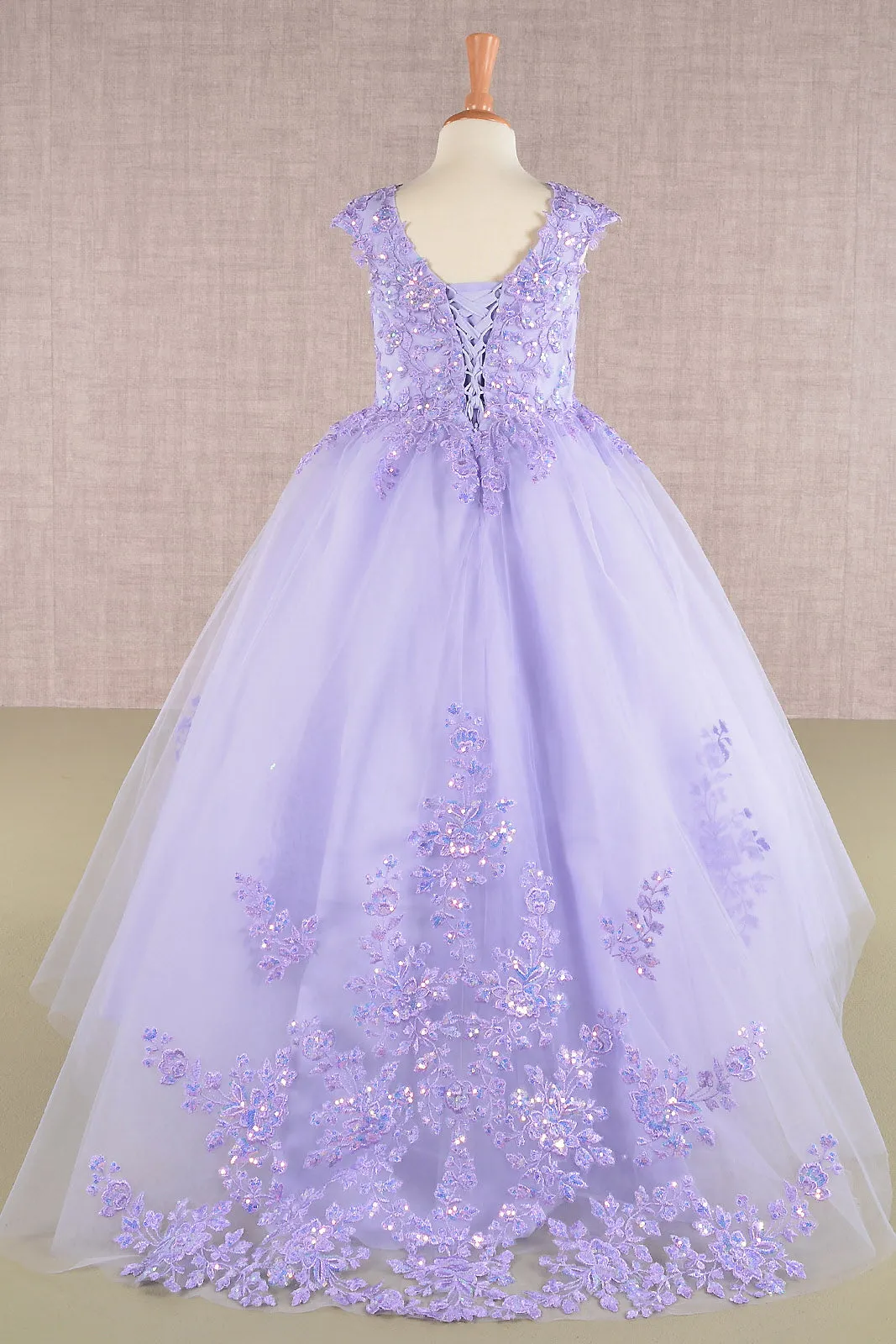 Sequin Embroidery Long Back Hem Mesh A-Line Kids Dress GLGK108