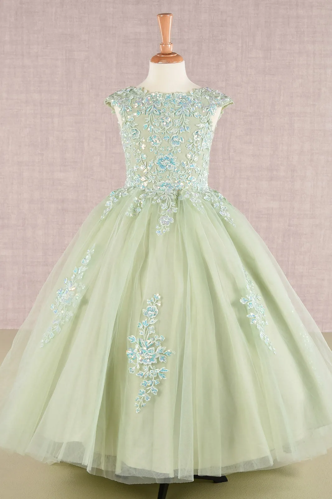 Sequin Embroidery Long Back Hem Mesh A-Line Kids Dress GLGK108