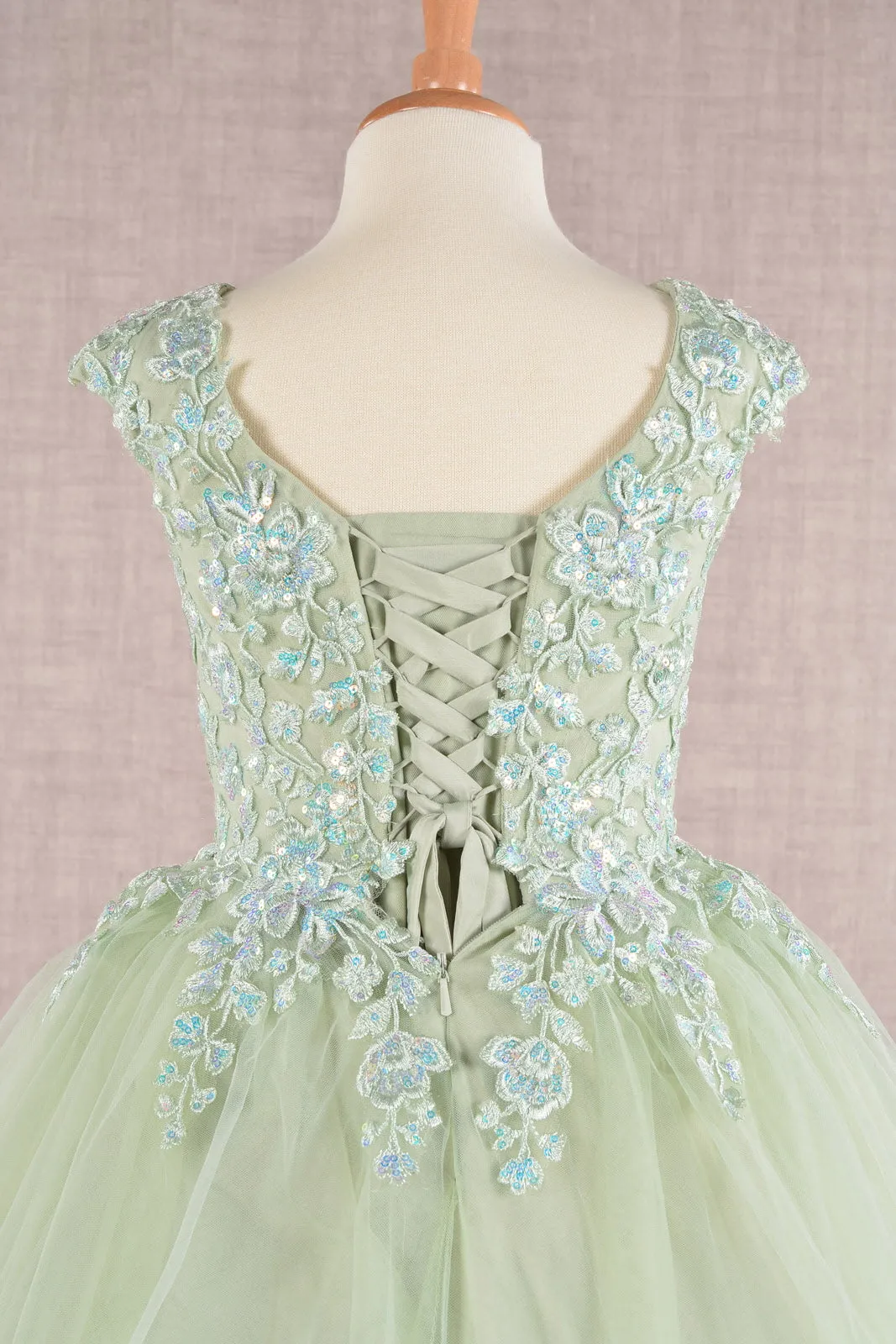 Sequin Embroidery Long Back Hem Mesh A-Line Kids Dress GLGK108