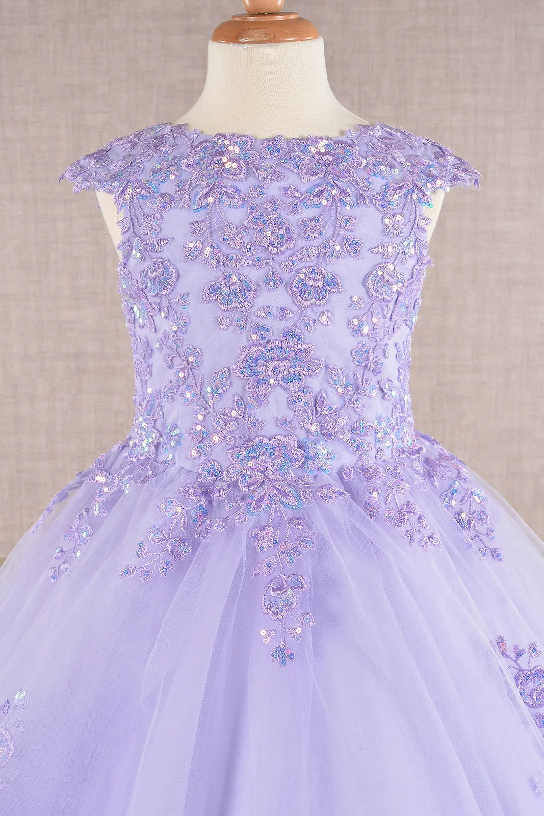 Sequin Embroidery Long Back Hem Mesh A-Line Kids Dress GLGK108