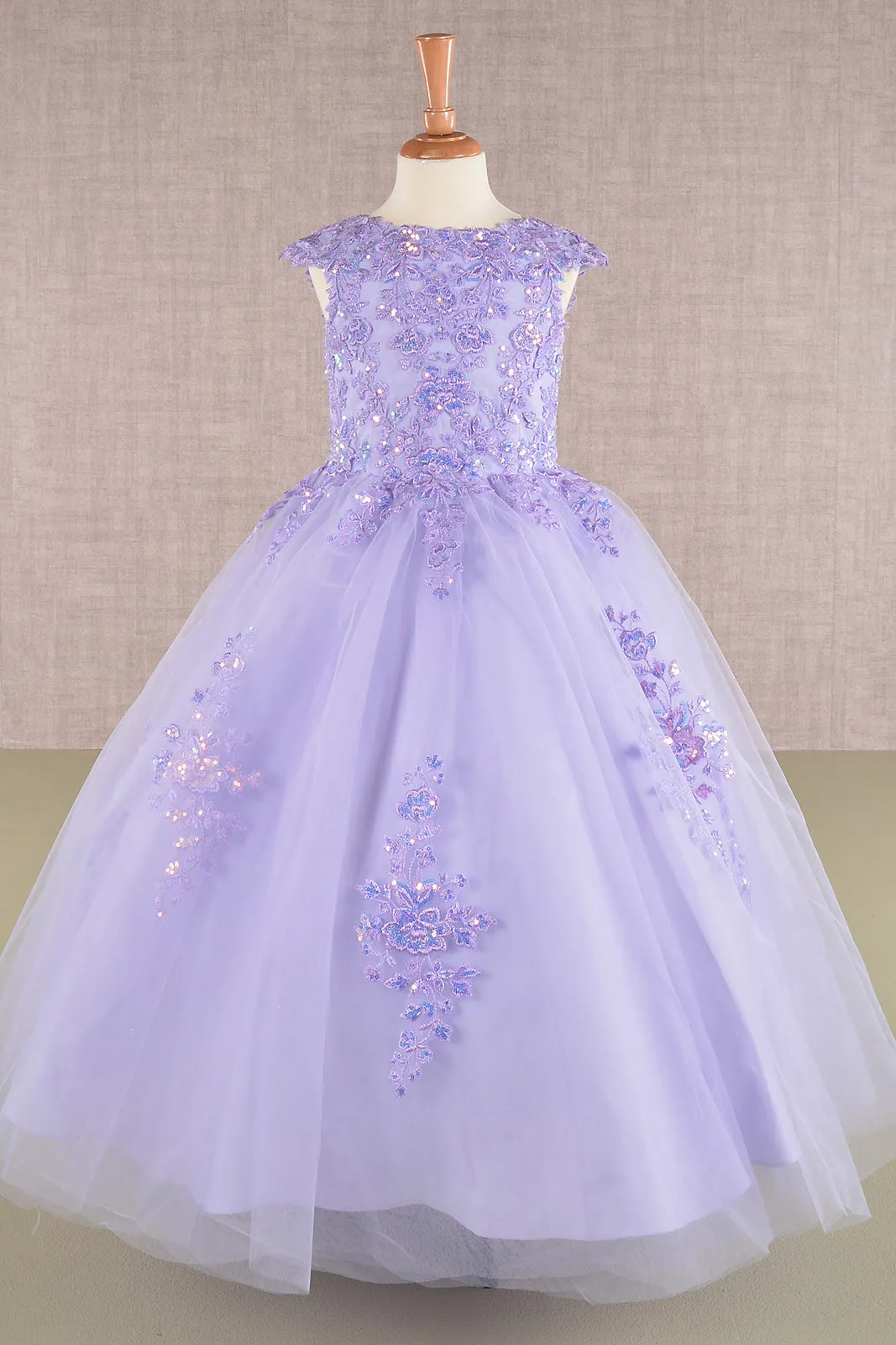 Sequin Embroidery Long Back Hem Mesh A-Line Kids Dress GLGK108