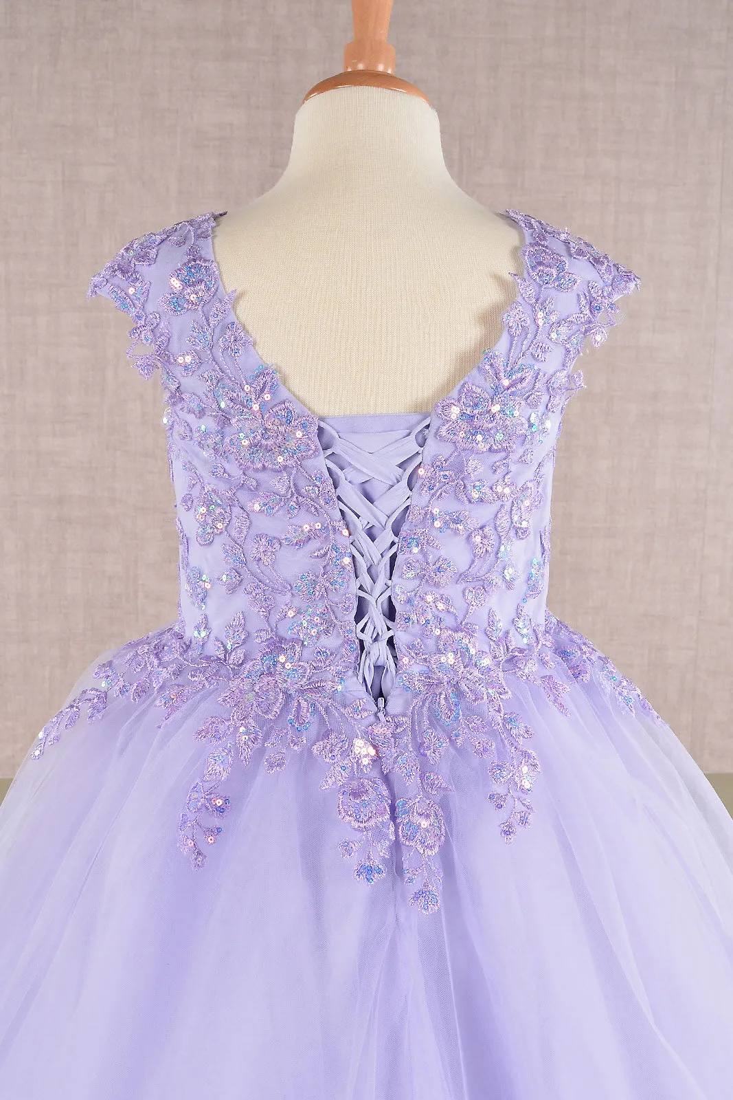 Sequin Embroidery Long Back Hem Mesh A-Line Kids Dress GLGK108