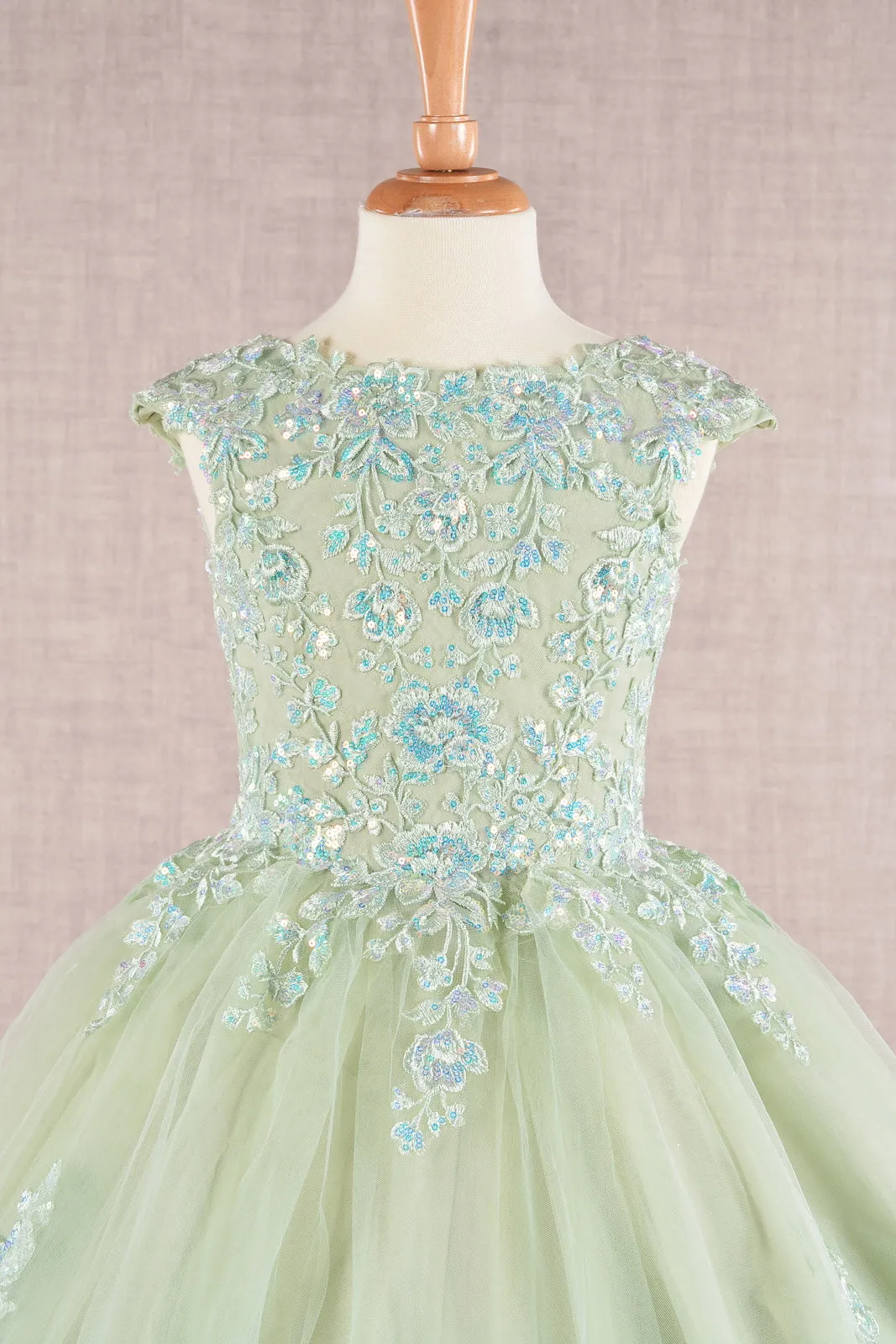 Sequin Embroidery Long Back Hem Mesh A-Line Kids Dress GLGK108