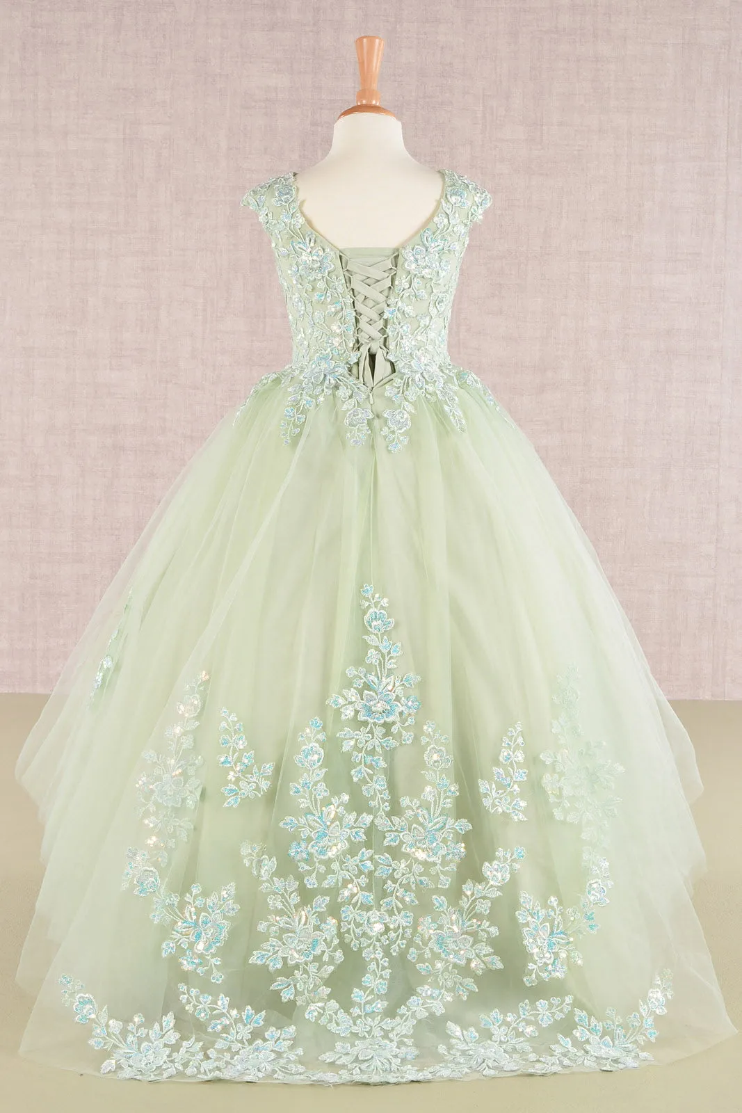 Sequin Embroidery Long Back Hem Mesh A-Line Kids Dress GLGK108