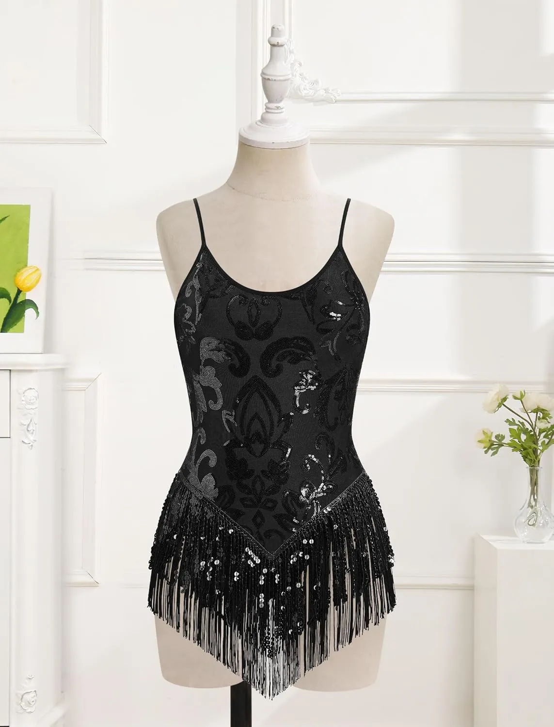 Sequin Fringe Bodysuit for Women Sparkly Tassel Romper Leotard Latin Jazz Dance Trapeze Artist Acrobat Costume Rave Outfits