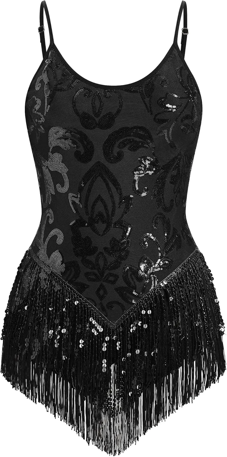 Sequin Fringe Bodysuit for Women Sparkly Tassel Romper Leotard Latin Jazz Dance Trapeze Artist Acrobat Costume Rave Outfits