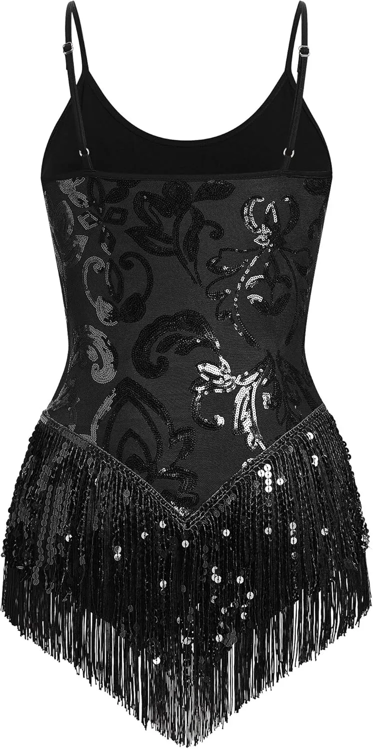 Sequin Fringe Bodysuit for Women Sparkly Tassel Romper Leotard Latin Jazz Dance Trapeze Artist Acrobat Costume Rave Outfits