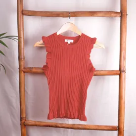 Sleeveless Knitted Frill Top In Burgundy