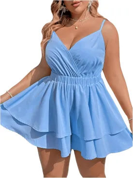 SOLY HUX Women's Plus Size V Neck Wrap Cami Romper Layered Ruffle Hem Short Jumpsuit Outfits