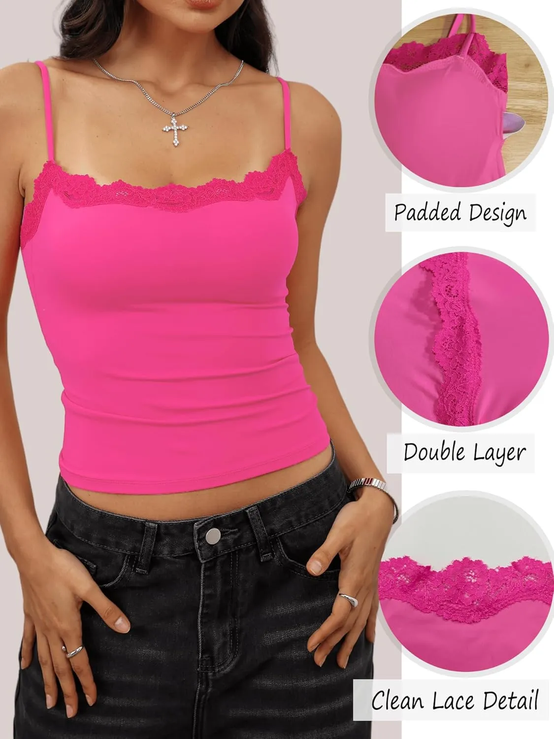 Starrylion Padded Lace Cami Top Double Lined Sexy Tank Top Spaghetti Strap Club Party Shirt