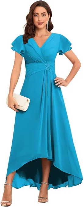 Tea Length Mother of The Bride Dresses Chiffon Lace Appliques V Neck Formal Dresses with Sleeves
