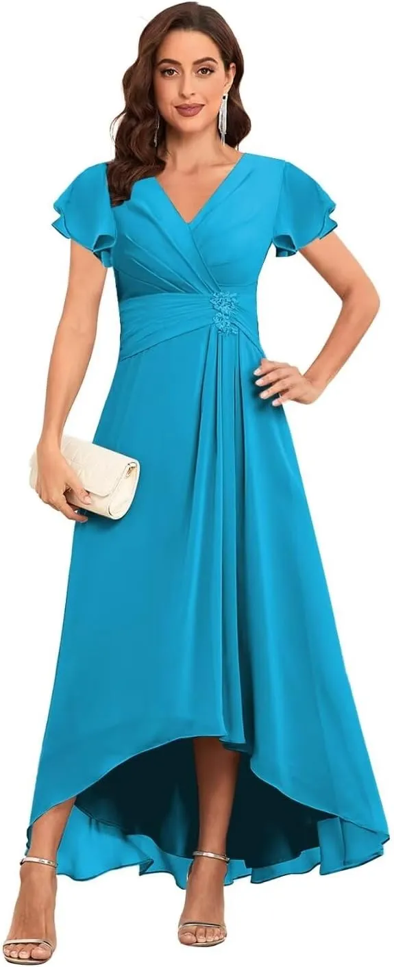 Tea Length Mother of The Bride Dresses Chiffon Lace Appliques V Neck Formal Dresses with Sleeves