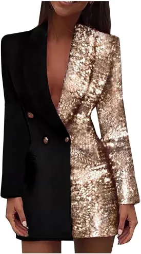 Trendy Sequin Blazer for Women Buttons Jackets Dress Casual Long Sleeve Lapel Blazers Outerwear with Pocket