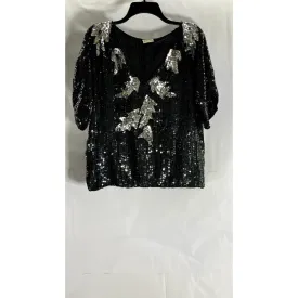 UNBRANDED Women's Vintage Black Sequin Embellished V-Neck Short Sleeve Top SZ S