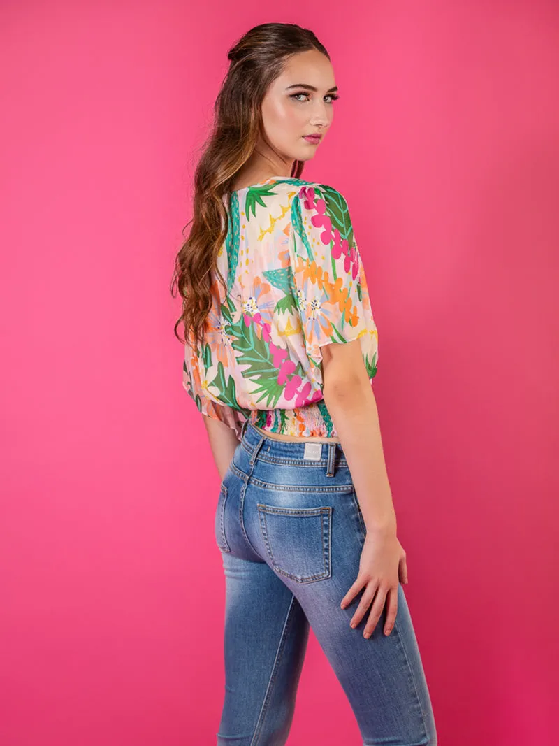 V-Neck Print Silk Blouse