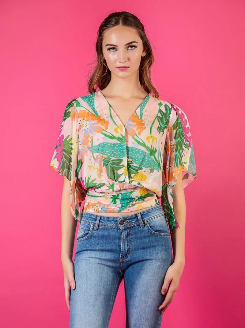 V-Neck Print Silk Blouse