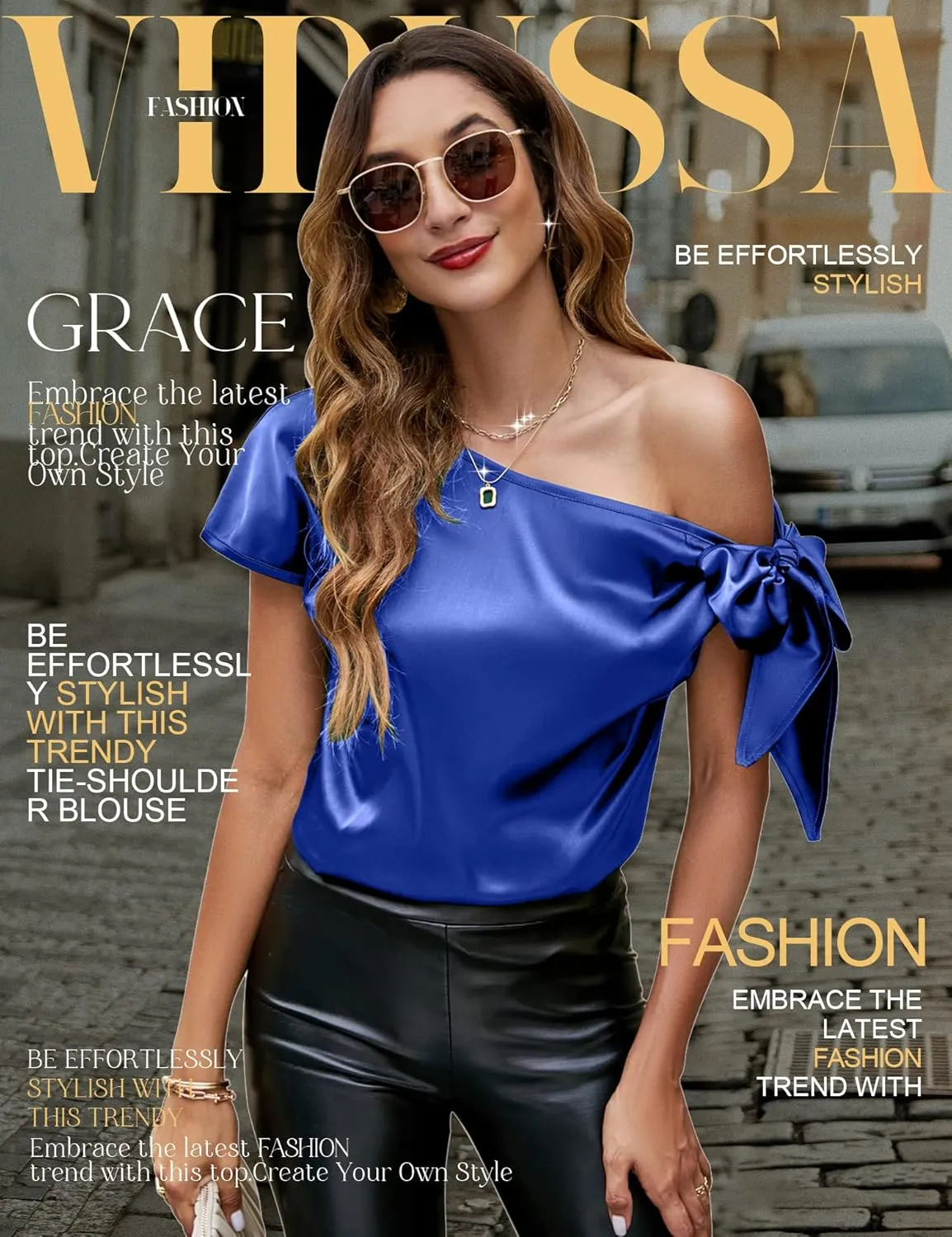 VIDUSSA Women's Off Shoulder Silk Tops Casual Short Sleeve Asymmetrical Neck Satin Blouse Shirts
