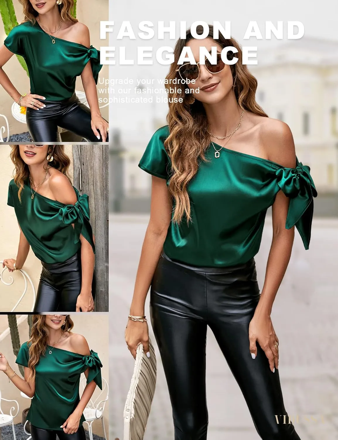 VIDUSSA Women's Off Shoulder Silk Tops Casual Short Sleeve Asymmetrical Neck Satin Blouse Shirts