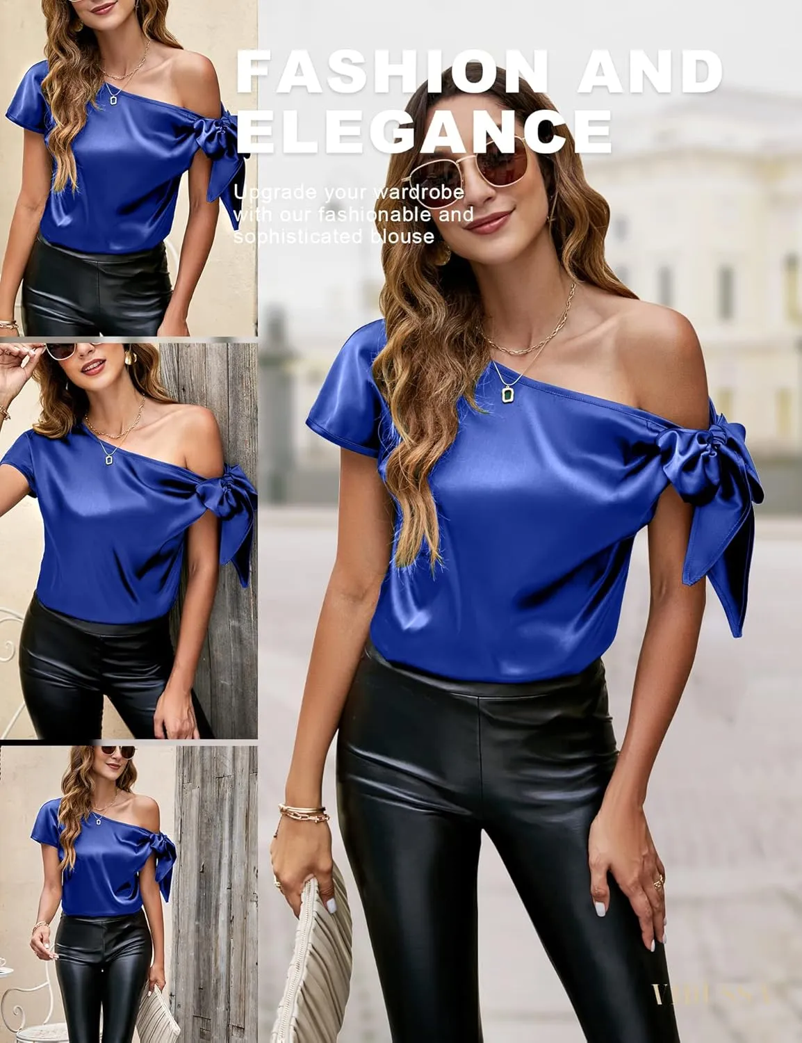 VIDUSSA Women's Off Shoulder Silk Tops Casual Short Sleeve Asymmetrical Neck Satin Blouse Shirts
