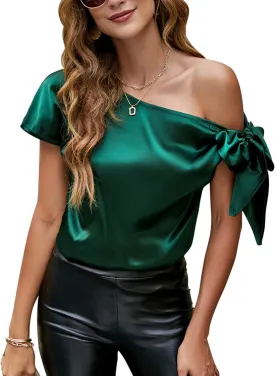 VIDUSSA Women's Off Shoulder Silk Tops Casual Short Sleeve Asymmetrical Neck Satin Blouse Shirts