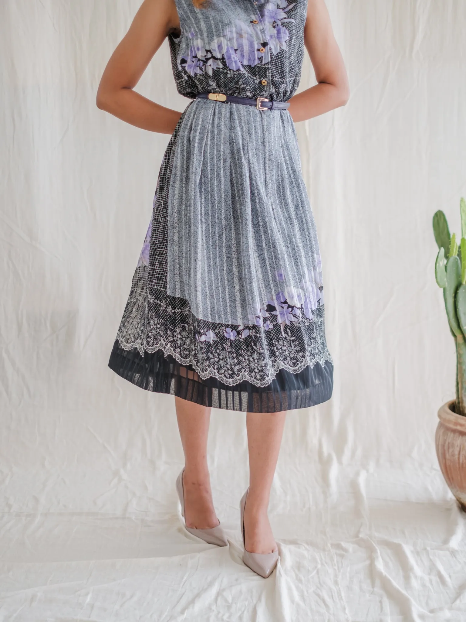 Vintage Chiffon Floral Shirtwaist Collared Neck Dress