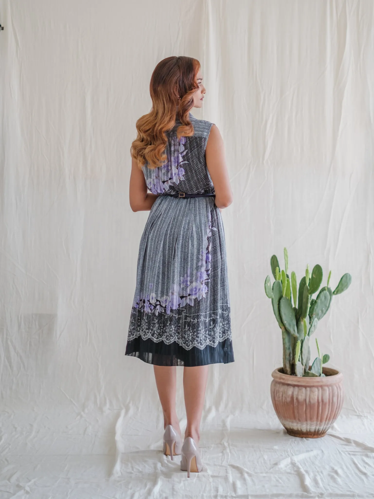 Vintage Chiffon Floral Shirtwaist Collared Neck Dress