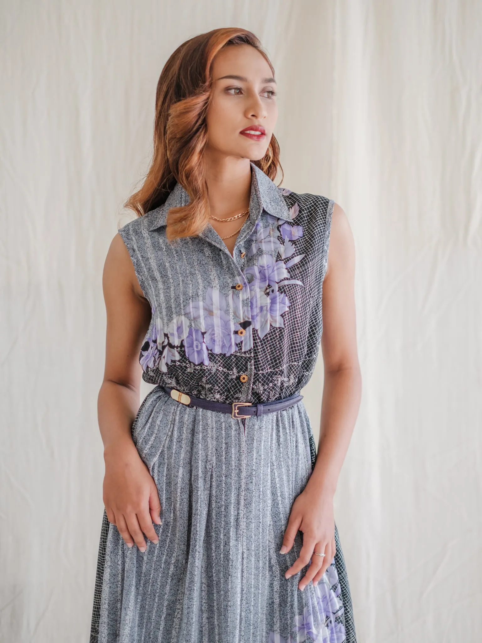 Vintage Chiffon Floral Shirtwaist Collared Neck Dress