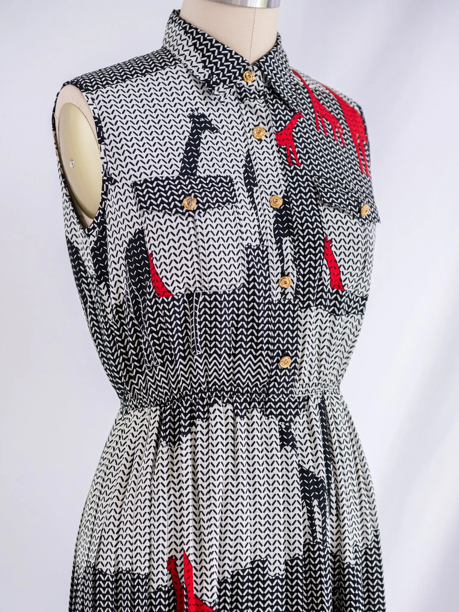Vintage Chiffon Sleeveless Collared Black and White Midi Dress