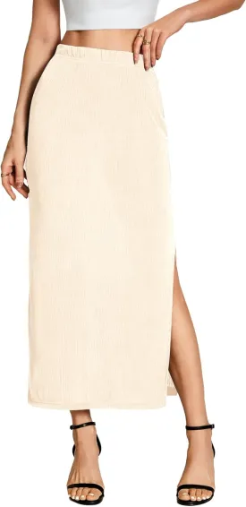 Vrtige Women's Elegant Elastic High Waist Side Split Hem Ribbed Knit Midi Skirt