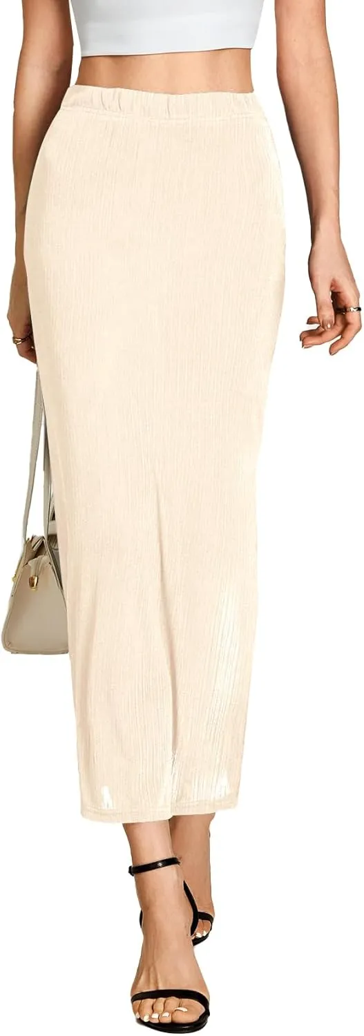 Vrtige Women's Elegant Elastic High Waist Side Split Hem Ribbed Knit Midi Skirt