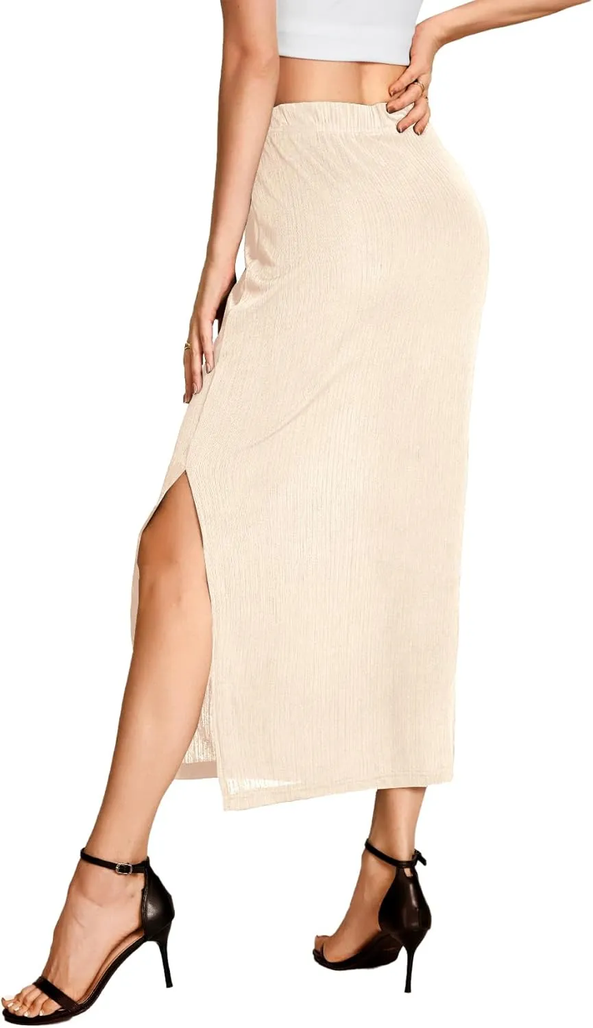 Vrtige Women's Elegant Elastic High Waist Side Split Hem Ribbed Knit Midi Skirt