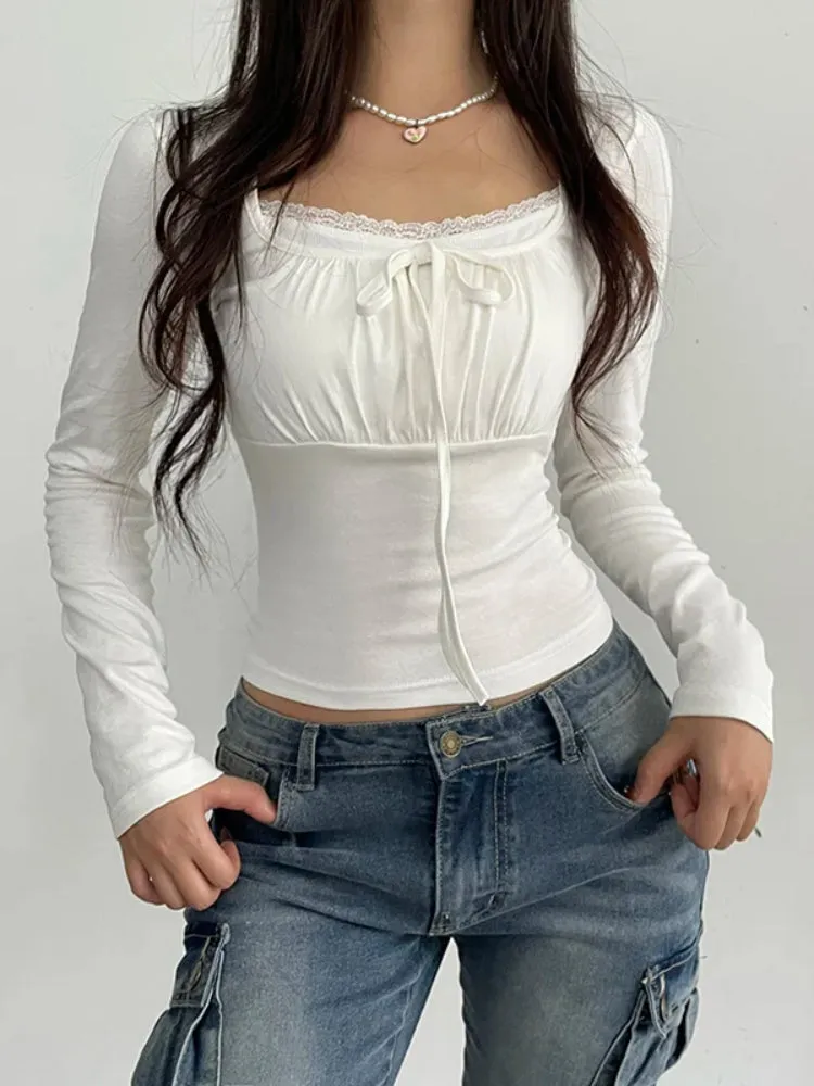 White Lace Patched Slim Sweet Top
