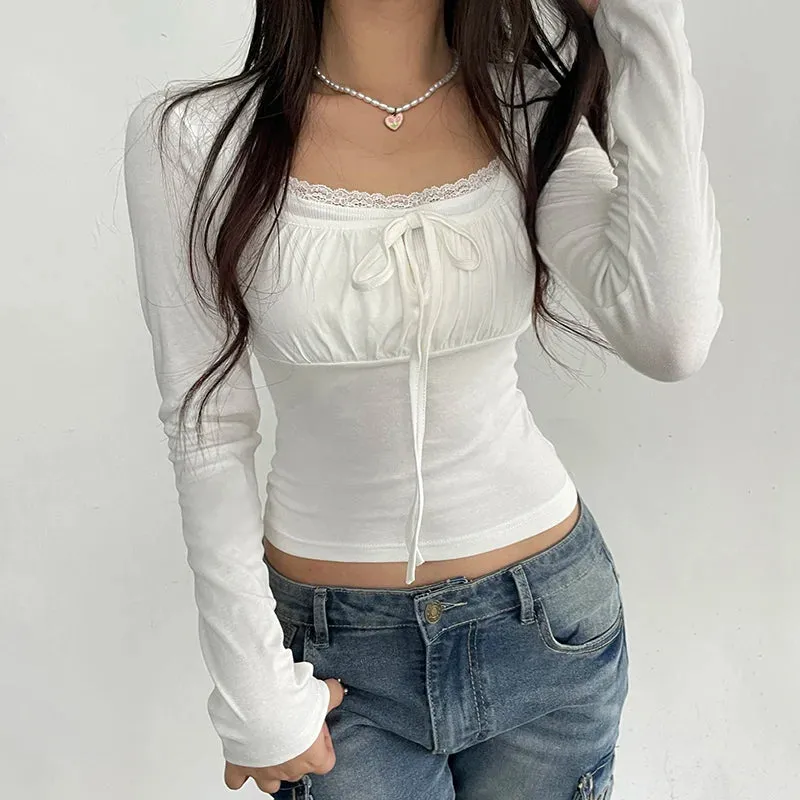 White Lace Patched Slim Sweet Top