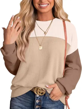 WIHOLL Womens Fall Fashion 2024 Color Block Long Sleeve Crewneck Knitted Ribbed Shirts Tunic Tops Casual Loose Trendy
