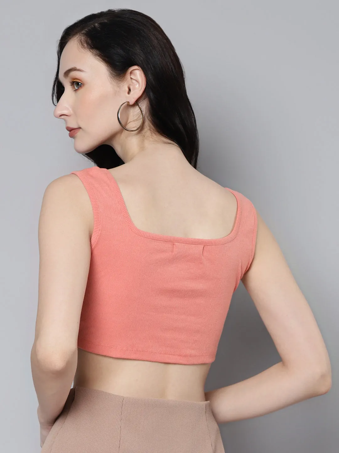 Women Peach Rib Contrast Binding Bustier Top