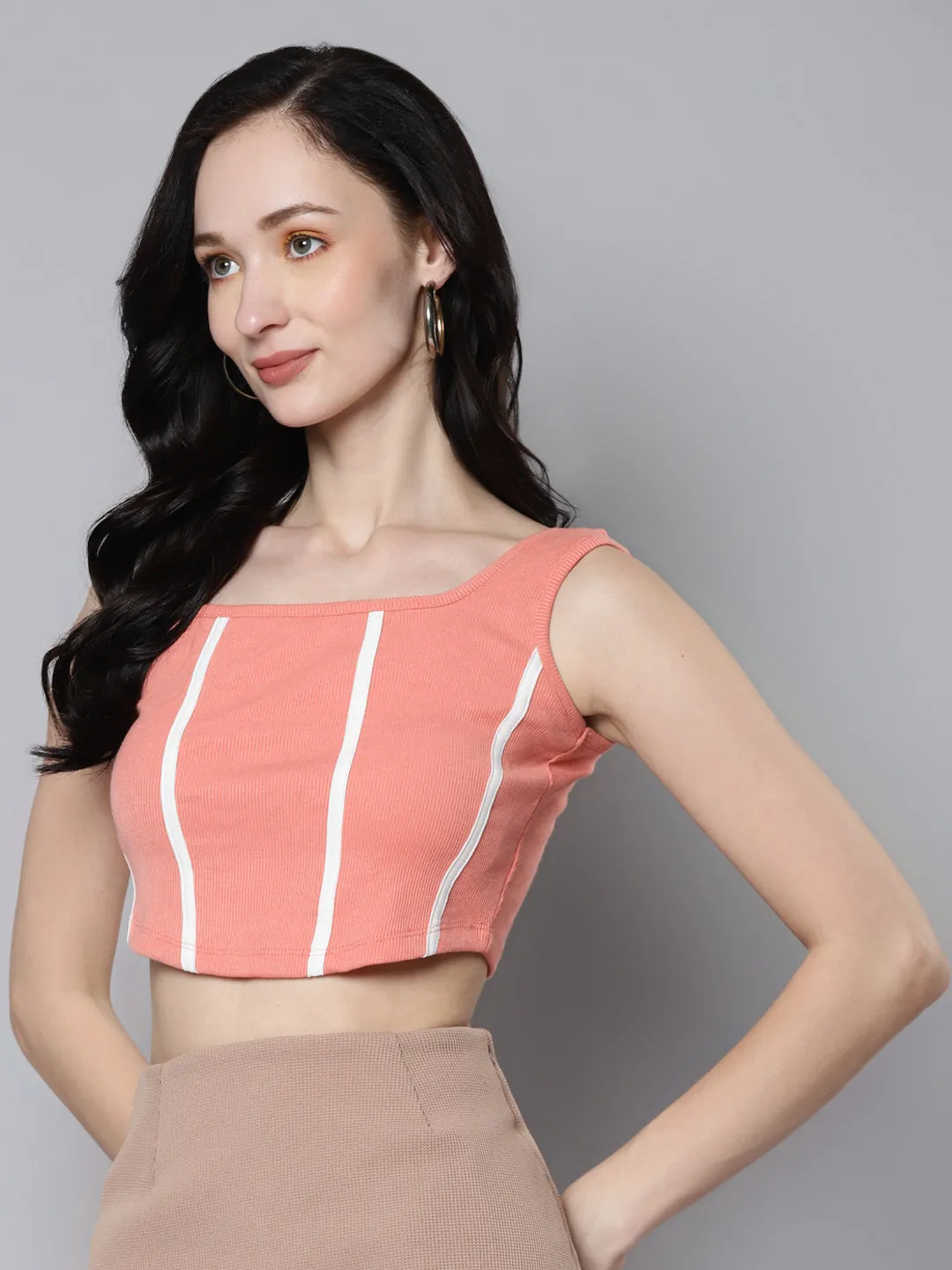 Women Peach Rib Contrast Binding Bustier Top