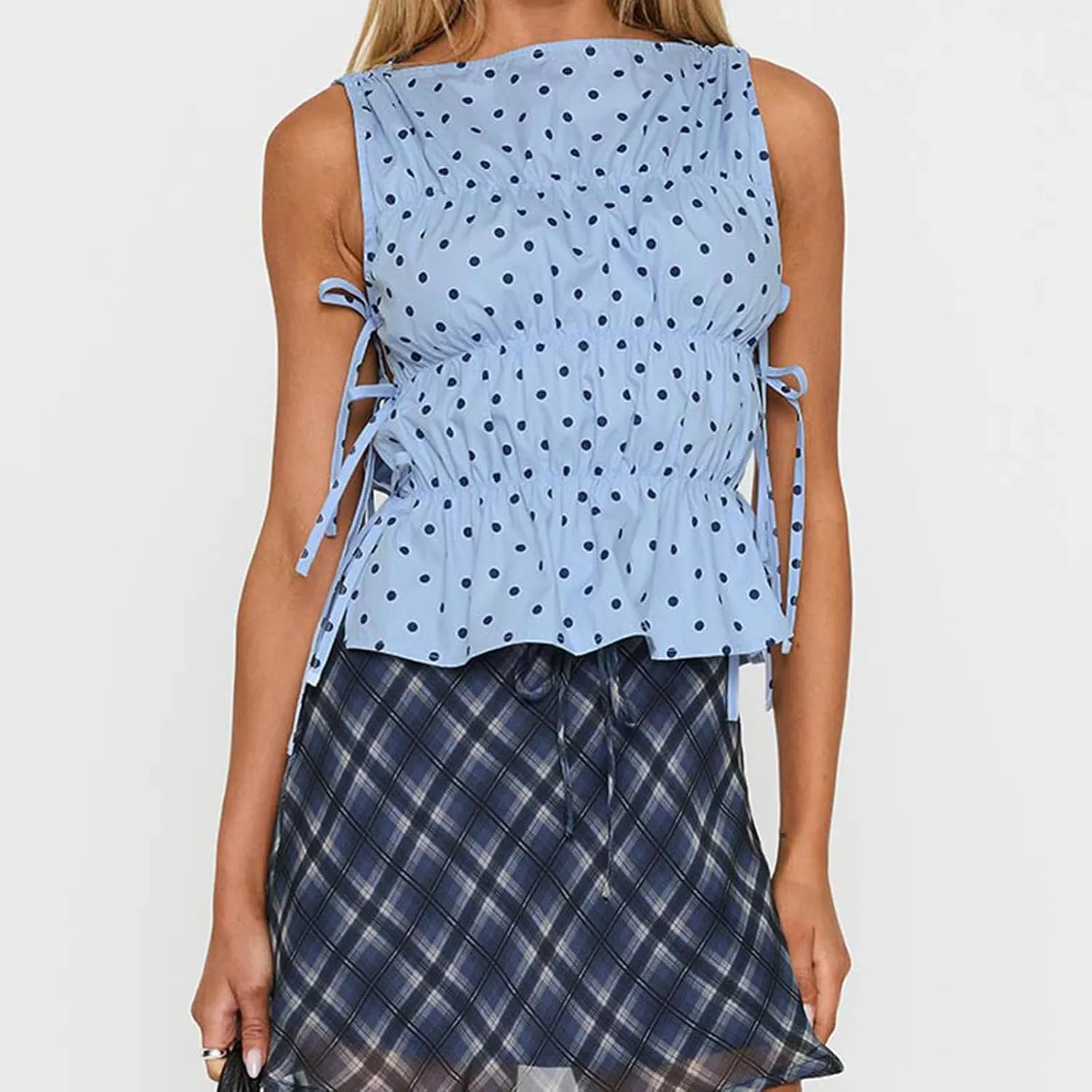 Women Polka Dot Tank Top Y2k Ruffle Smocked Boat Neck Tie Shoulder Peplum Top Summer Going Out Tops Streetwear