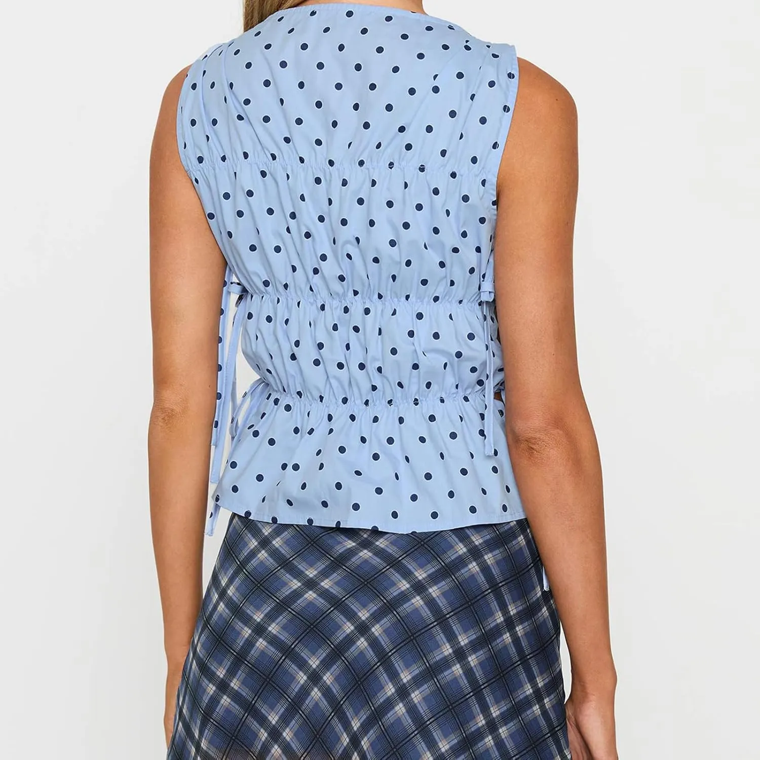 Women Polka Dot Tank Top Y2k Ruffle Smocked Boat Neck Tie Shoulder Peplum Top Summer Going Out Tops Streetwear