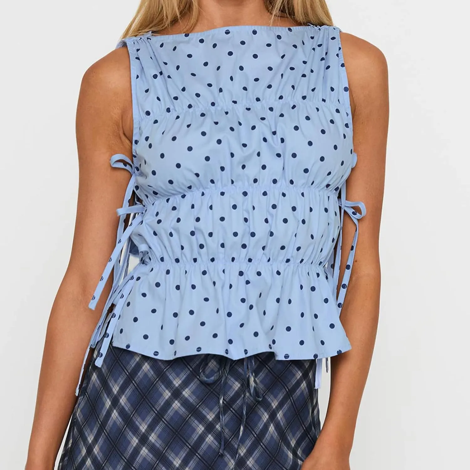 Women Polka Dot Tank Top Y2k Ruffle Smocked Boat Neck Tie Shoulder Peplum Top Summer Going Out Tops Streetwear