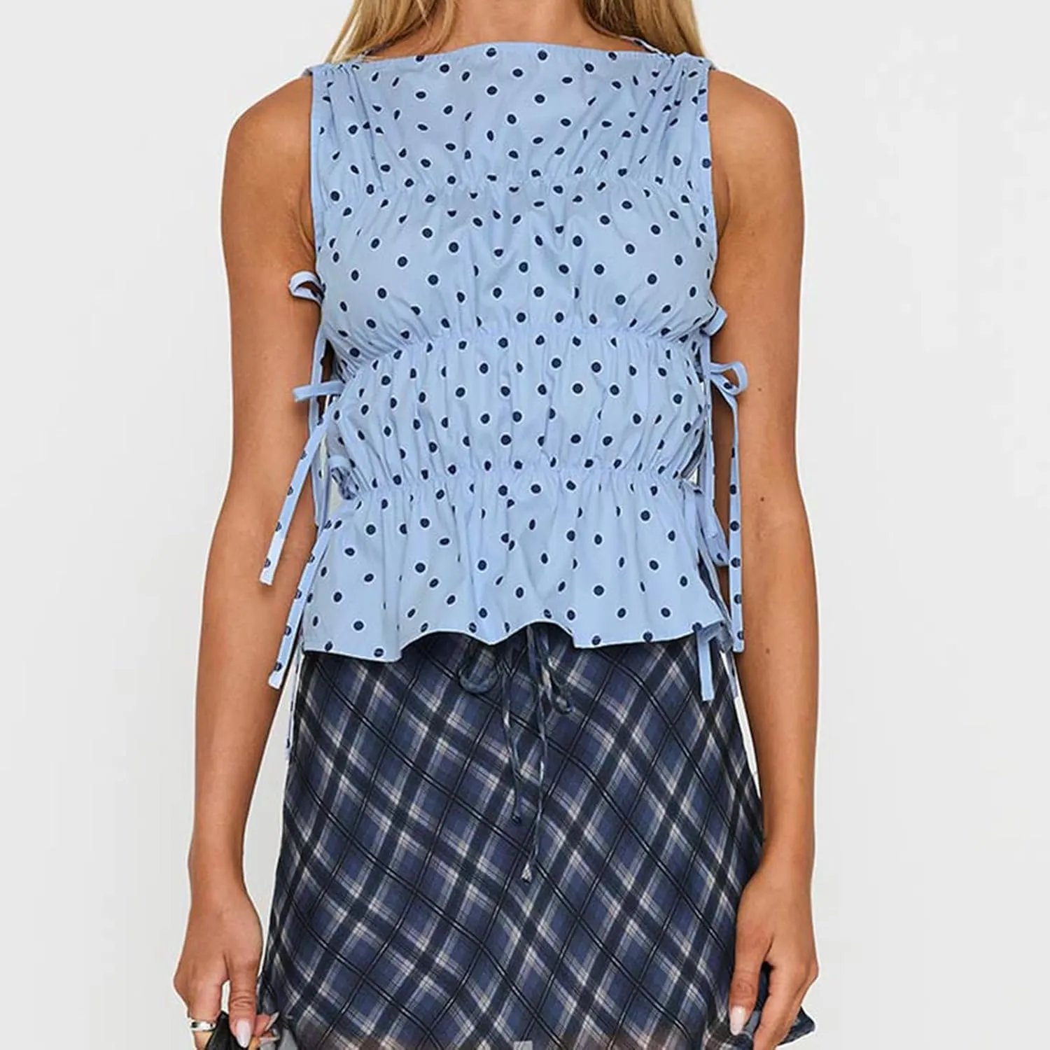 Women Polka Dot Tank Top Y2k Ruffle Smocked Boat Neck Tie Shoulder Peplum Top Summer Going Out Tops Streetwear