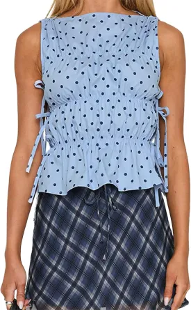 Women Polka Dot Tank Top Y2k Ruffle Smocked Boat Neck Tie Shoulder Peplum Top Summer Going Out Tops Streetwear