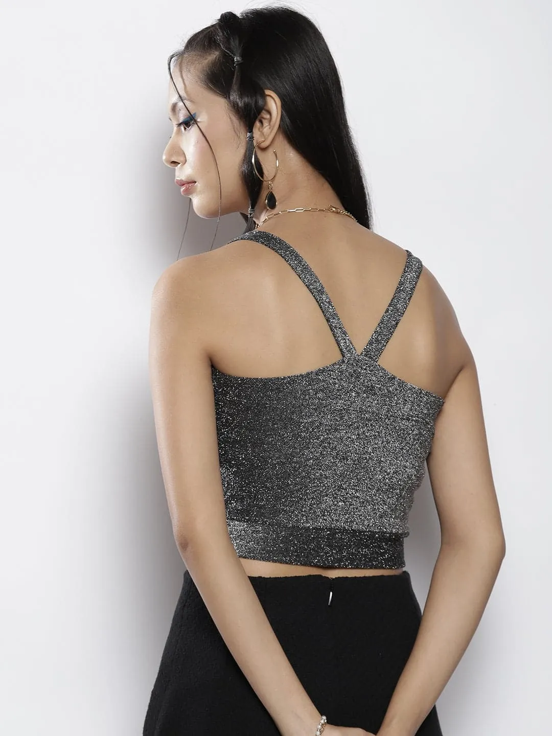 Women Silver Lurex Halter Neck Crop Top