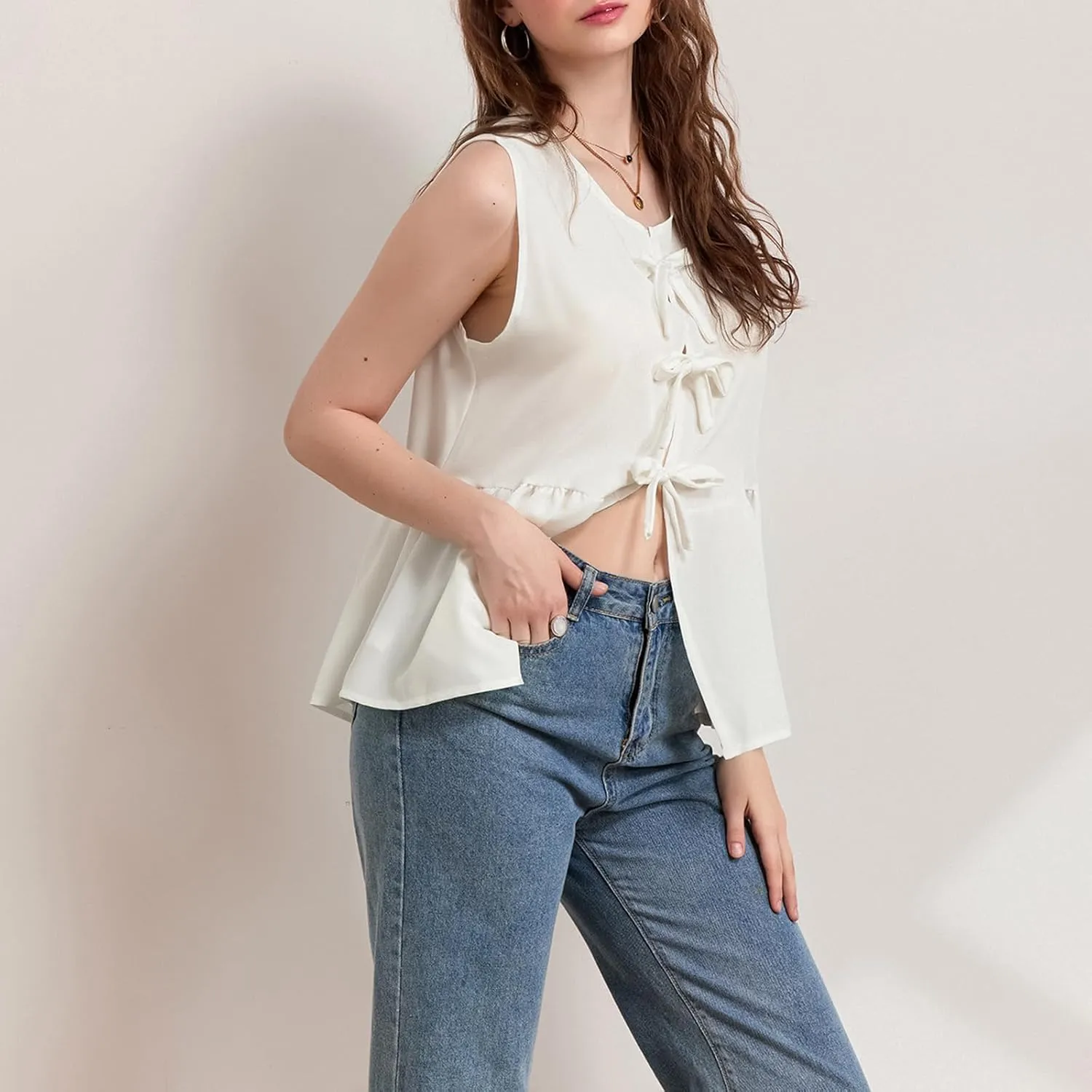 Women Striped Tie Front Top Y2k Sleeveless Bow Knot Ruffle Hem Peplum Vest Summer Cute Babydoll Going Out Top
