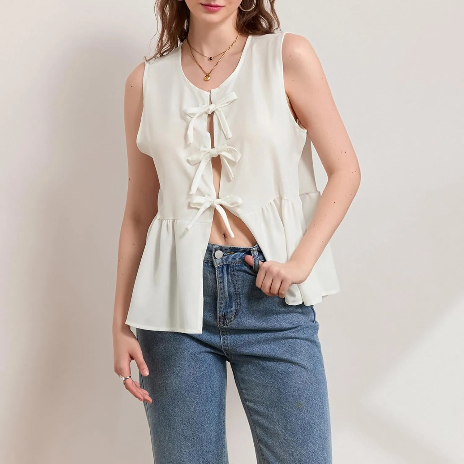 Women Striped Tie Front Top Y2k Sleeveless Bow Knot Ruffle Hem Peplum Vest Summer Cute Babydoll Going Out Top