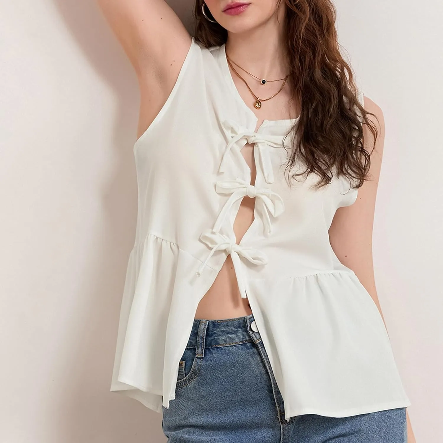 Women Striped Tie Front Top Y2k Sleeveless Bow Knot Ruffle Hem Peplum Vest Summer Cute Babydoll Going Out Top
