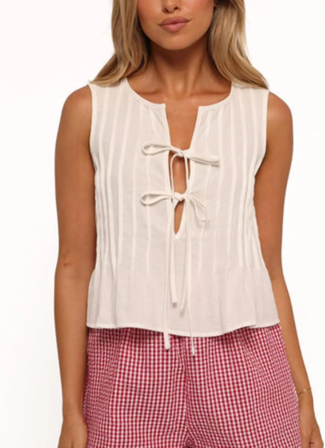 Women Striped Tie Front Top Y2k Sleeveless Bow Knot Ruffle Hem Peplum Vest Summer Cute Babydoll Going Out Top
